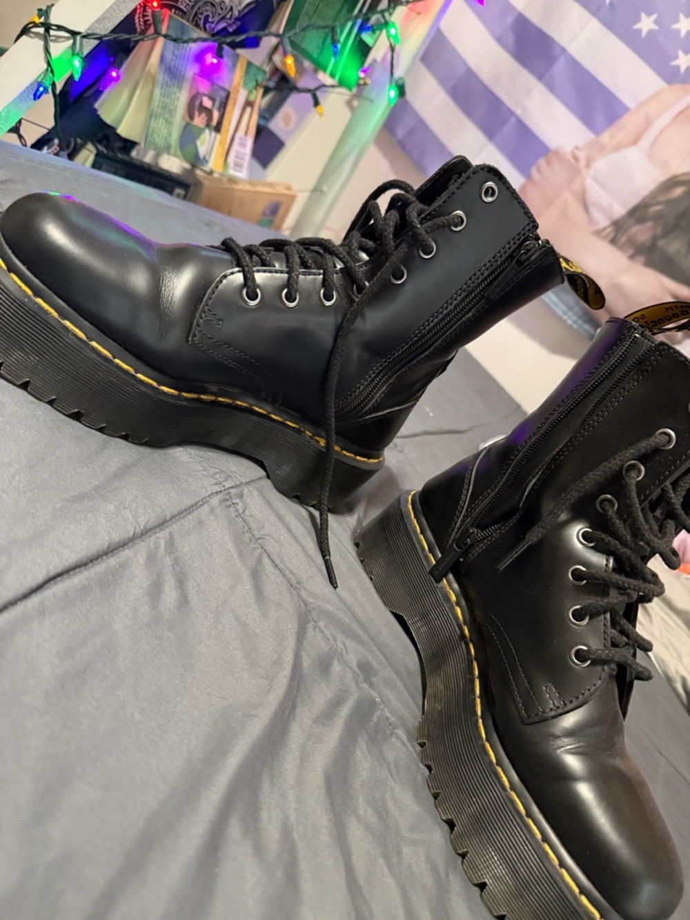 Dr. Martens Black Leather Platform Lace-Up Boots with Yellow Stitching - Picture 8 of 10